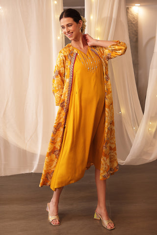 Woman wearing Laila – The Jewel-Tone Feeding Jacket Dress Set in Mustard Yellow - Pre & Post Pregnancy