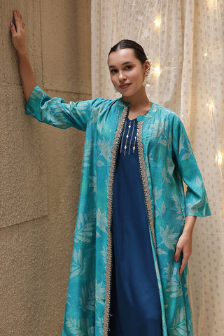 Woman wearing Laila – The Jewel-Tone Feeding Jacket Dress Set in Sky Blue - Pre & Post Pregnancy