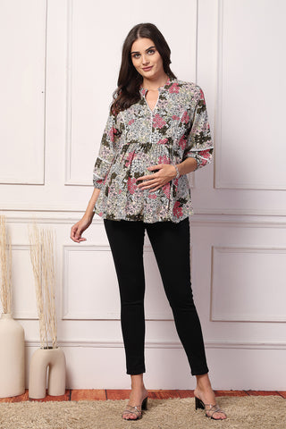 Floral Embrace Maternity Feeding Top with Zip