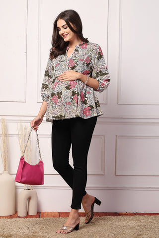 Floral Embrace Maternity Feeding Top with Zip