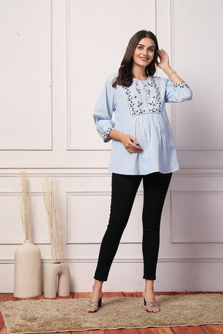 Blossom Blue Dobby Zipless Maternity Feeding Top