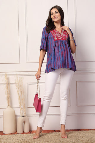 Flower and Stripe Maternity Top with Concealed Zip Feeding