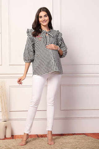 Vintage Charm Black and White Checkered Zipless Feeding Maternity Top