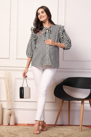 Vintage Charm Black and White Checkered Zipless Feeding Maternity Top