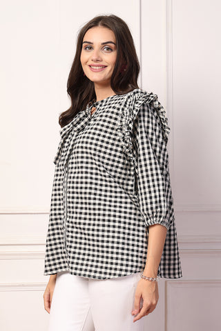 Vintage Charm Black and White Checkered Zipless Feeding Maternity Top