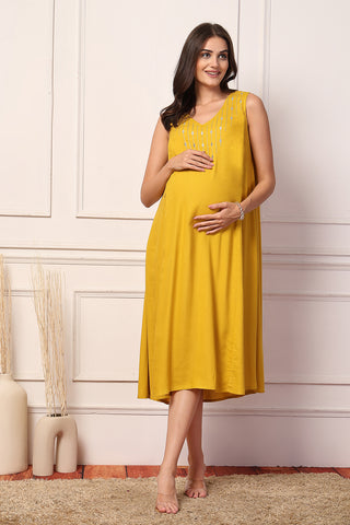 Mustard Majesty Foil Printed Maternity Shrug Dress