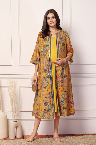 Mustard Majesty Foil Printed Maternity Shrug Dress