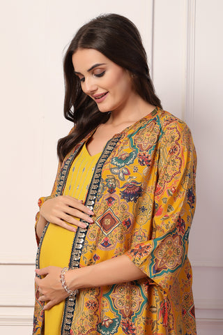 Mustard Majesty Foil Printed Maternity Shrug Dress