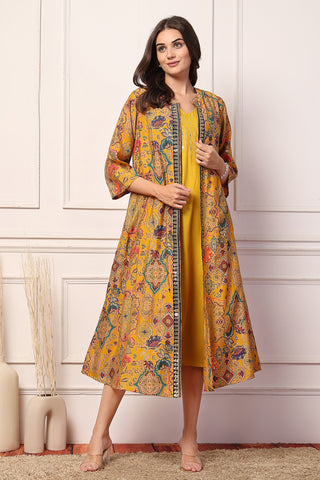 Mustard Majesty Foil Printed Maternity Shrug Dress