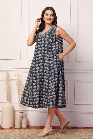 Sleeveless All Over Printed Maternity Feeding Dress - Navy