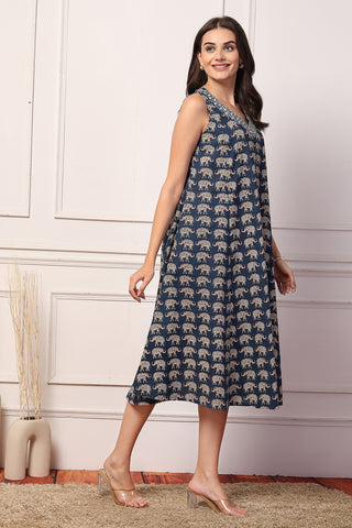 Sleeveless All Over Printed Maternity Feeding Dress - Navy