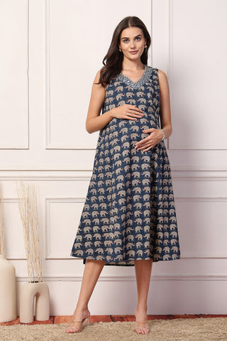 Sleeveless All Over Printed Maternity Feeding Dress - Navy