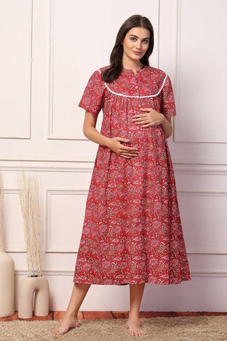 Crimson Comfort Cotton Zipless Feeding Maternity Maxi