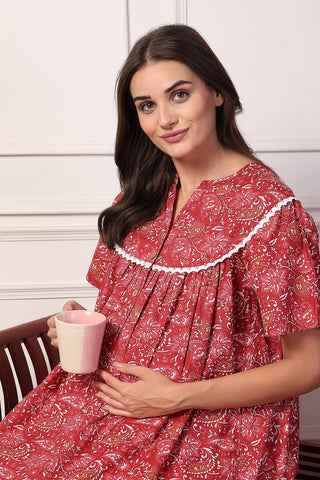 Crimson Comfort Cotton Zipless Feeding Maternity Maxi