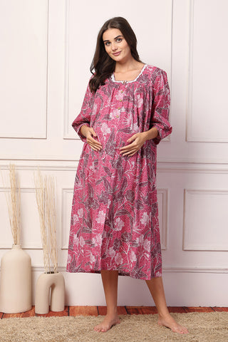 Pink floral Comfort Cotton Zipless Feeding Maternity Maxi