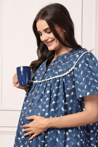 Navy Blue Comfort Cotton Zipless Feeding Maternity Maxi