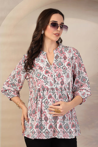 Pink Ikat Rayon Maternity & Nursing Top with Feeding Zips