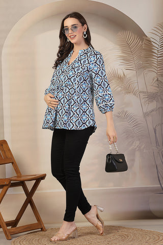 Geometric Print Rayon Maternity Feeding Top - 3/4th Sleeves