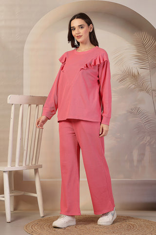 Ruffled Maternity Feeding Co-ord Set - Pink