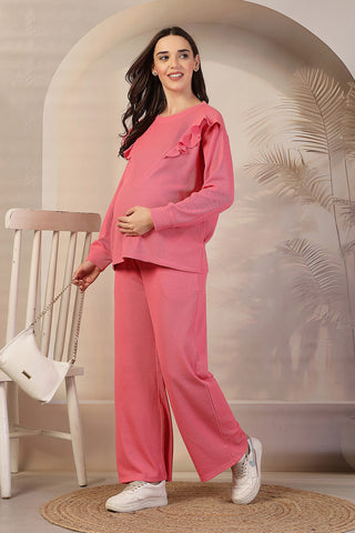 Ruffled Maternity Feeding Co-ord Set - Pink