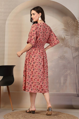 Blush Pink Leaf Print Concealed Zip Maternity Feeding Dress