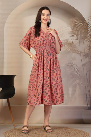 Blush Pink Leaf Print Concealed Zip Maternity Feeding Dress