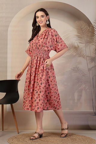 Blush Pink Leaf Print Concealed Zip Maternity Feeding Dress