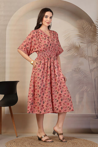 Blush Pink Leaf Print Concealed Zip Maternity Feeding Dress