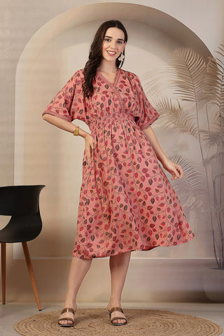 Blush Pink Leaf Print Concealed Zip Maternity Feeding Dress