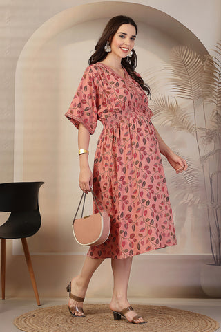 Blush Pink Leaf Print Concealed Zip Maternity Feeding Dress