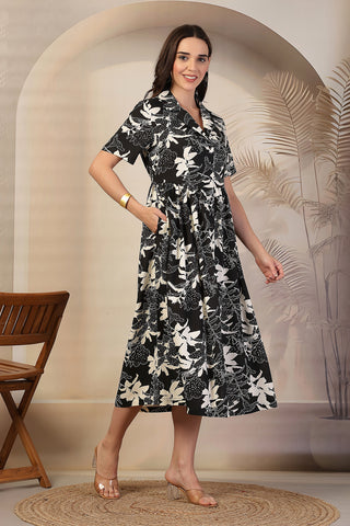 Black & White Abstract Print Maternity Zipless Nursing Dress