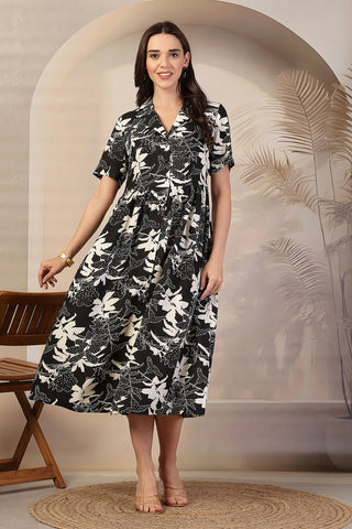 Black & White Abstract Print Maternity Zipless Nursing Dress