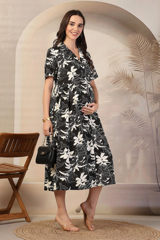 Black & White Abstract Print Maternity Zipless Nursing Dress