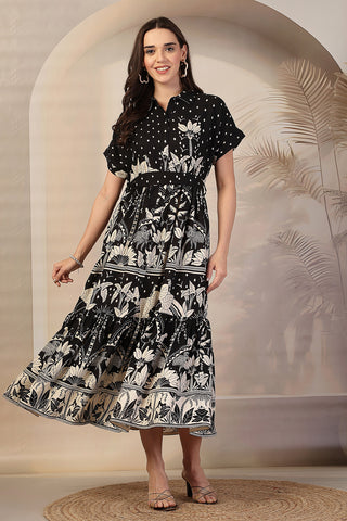 Black & White Bordered Floral Printed Maternity Zipless Feeding Tiered Dress