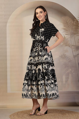 Black & White Bordered Floral Printed Maternity Zipless Feeding Tiered Dress