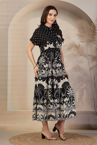 Black & White Bordered Floral Printed Maternity Zipless Feeding Tiered Dress