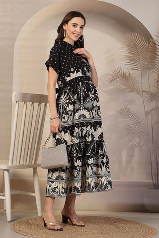 Black & White Bordered Floral Printed Maternity Zipless Feeding Tiered Dress