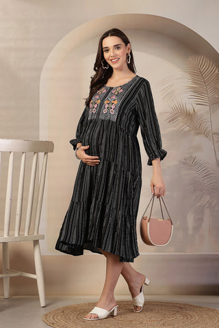 Midnight Stripe Zipless Maternity Feeding Dress