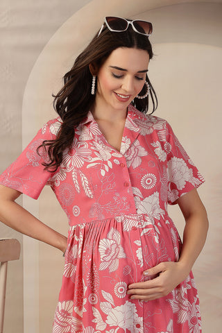 Pink Floral Zipless Maternity Feeding Dress