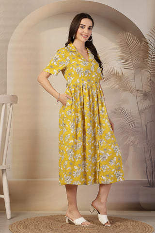 Yellow Floral Zipless Maternity Feeding Dress