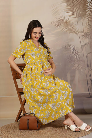 Yellow Floral Zipless Maternity Feeding Dress