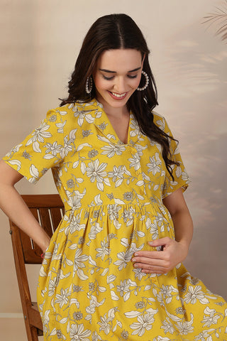 Yellow Floral Zipless Maternity Feeding Dress