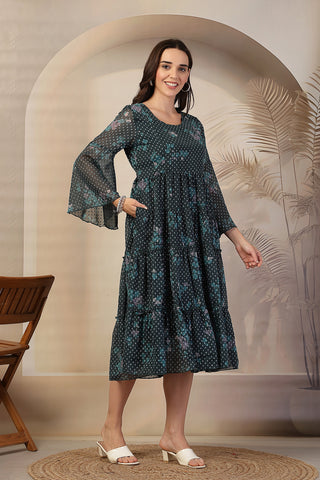 Dark Green Floral Printed Maternity Feeding Tiered Dress