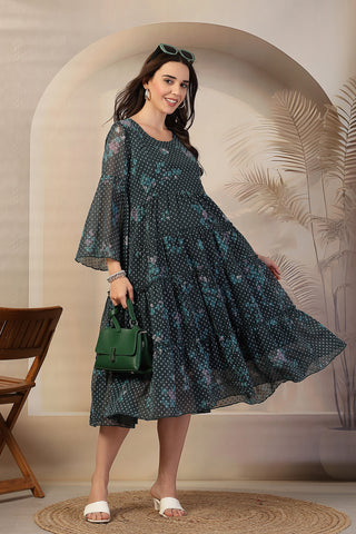 Dark Green Floral Printed Maternity Feeding Tiered Dress