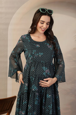 Dark Green Floral Printed Maternity Feeding Tiered Dress