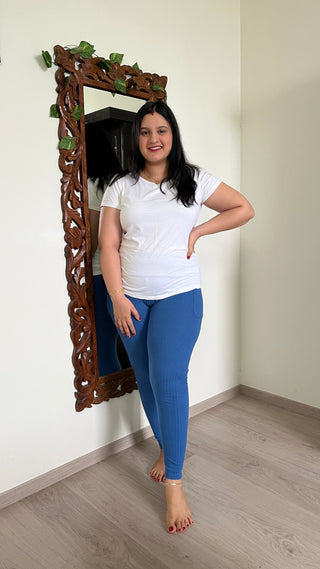 Blue Cotton Mom Legging; construction allows flexibility and supports movement.