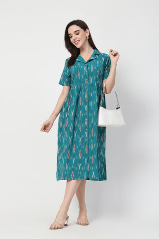 Ikat Print Zipless Feeding Dress Front View - Teal Blue Cotton Maternity Dress with Feeding Zips & Pockets