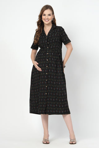 https://houseofzelena.com/collections/maternity-dresses/products/ikat-print-zipless-feeding-dress-black