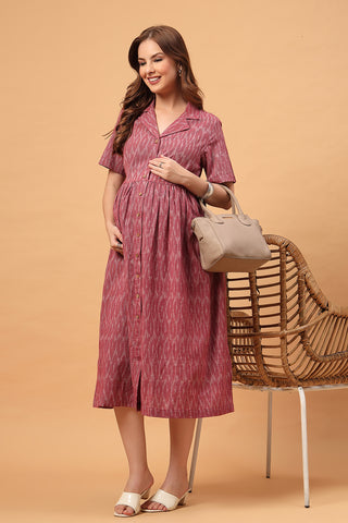 https://houseofzelena.com/products/ira-ikat-zipless-feeding-shirt-dress-rose-ember