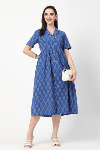 Ikat Print Zipless Feeding Dress Front View - Royal Blue Cotton Maternity Dress with Feeding Zips & Pockets